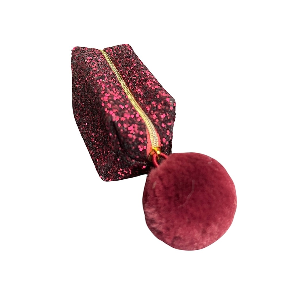 Burgundy Glitter Mini Cosmetic Bag Faux Fur Pom Pom Zipper Pouch Wine Red Glam